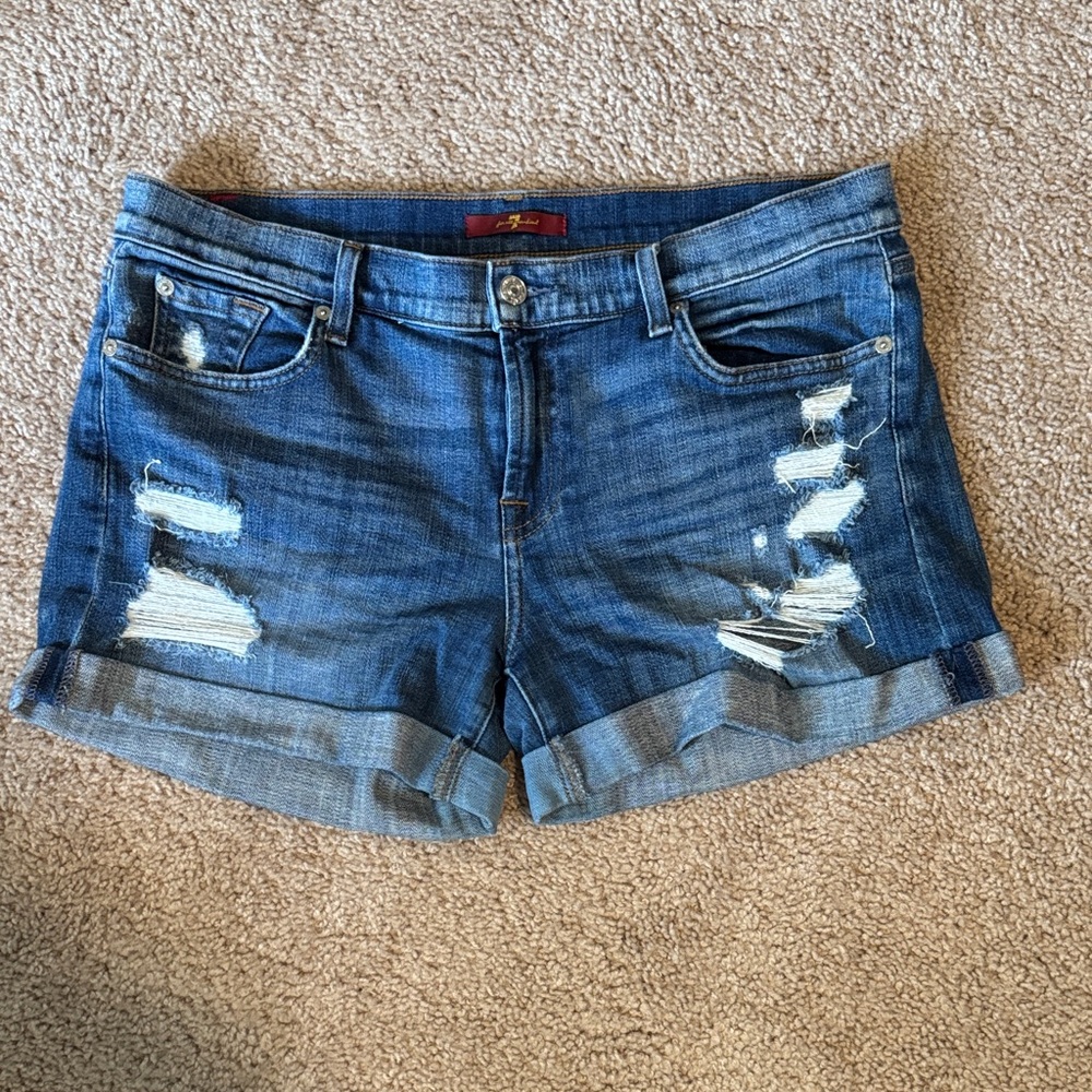 7 For All Mankind Blue Distressed Jean Shorts
